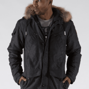 Pelle Pelle Mens Fur Hooded Snorkel Denim Charcoal Long Coat