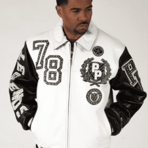 Pelle Pelle Encrusted Varsity White Plush Mens Leather Jacket