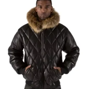 Pelle Pelle Basic Quilt Fur Hood Black Burnish Leather Jacket