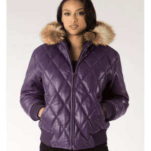 Pelle Pelle Quilted Purple Leather Fur Hood Jacket