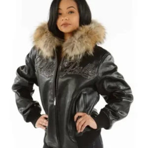 Pelle Pelle’s Women Black Encrusted Studded Fur Hood Leather Jacket