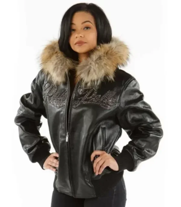Pelle Pelle’s Women Black Encrusted Studded Fur Hood Leather Jacket