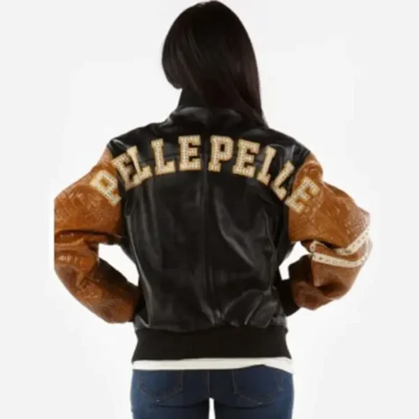 Pelle Pelle Womens Letterman Black Plush Tim Tan Alligator Jacket