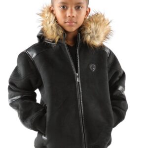 Kids Pelle Pelle Black Fur Hood Wool Jacket