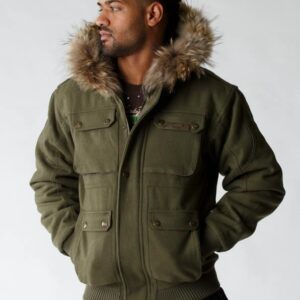 Pelle Pelle Men Green Fur Hood Wool Jacket