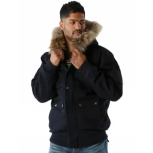 Pelle Pelle Mens Bellow Fur Hood Blue Wool Jacket
