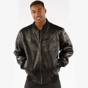 Pelle Pelle Mens Encrusted Varsity Alligator Black Leather Jacket