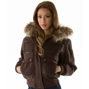 Pelle Pelle Womens Bold Brown Wool Fur Hooded Jacket